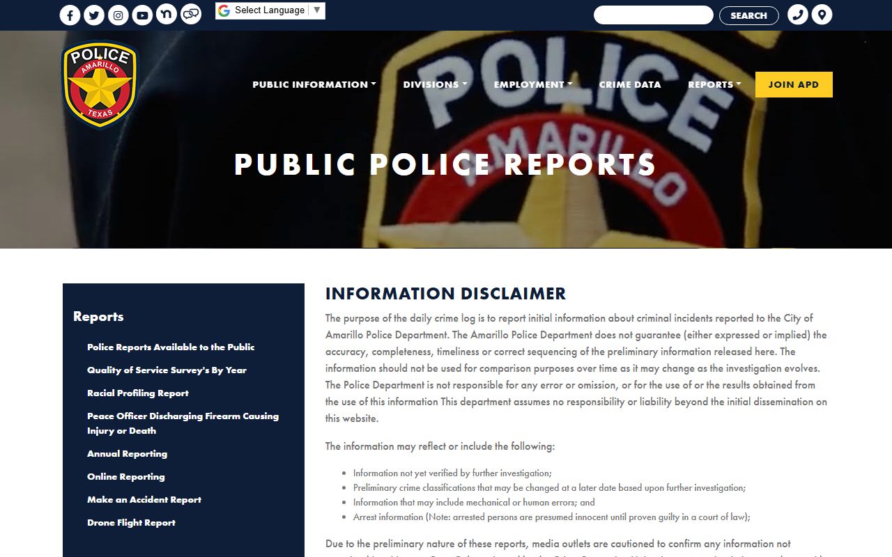 Amarillo Police public release page showing recent arrest and booking report data