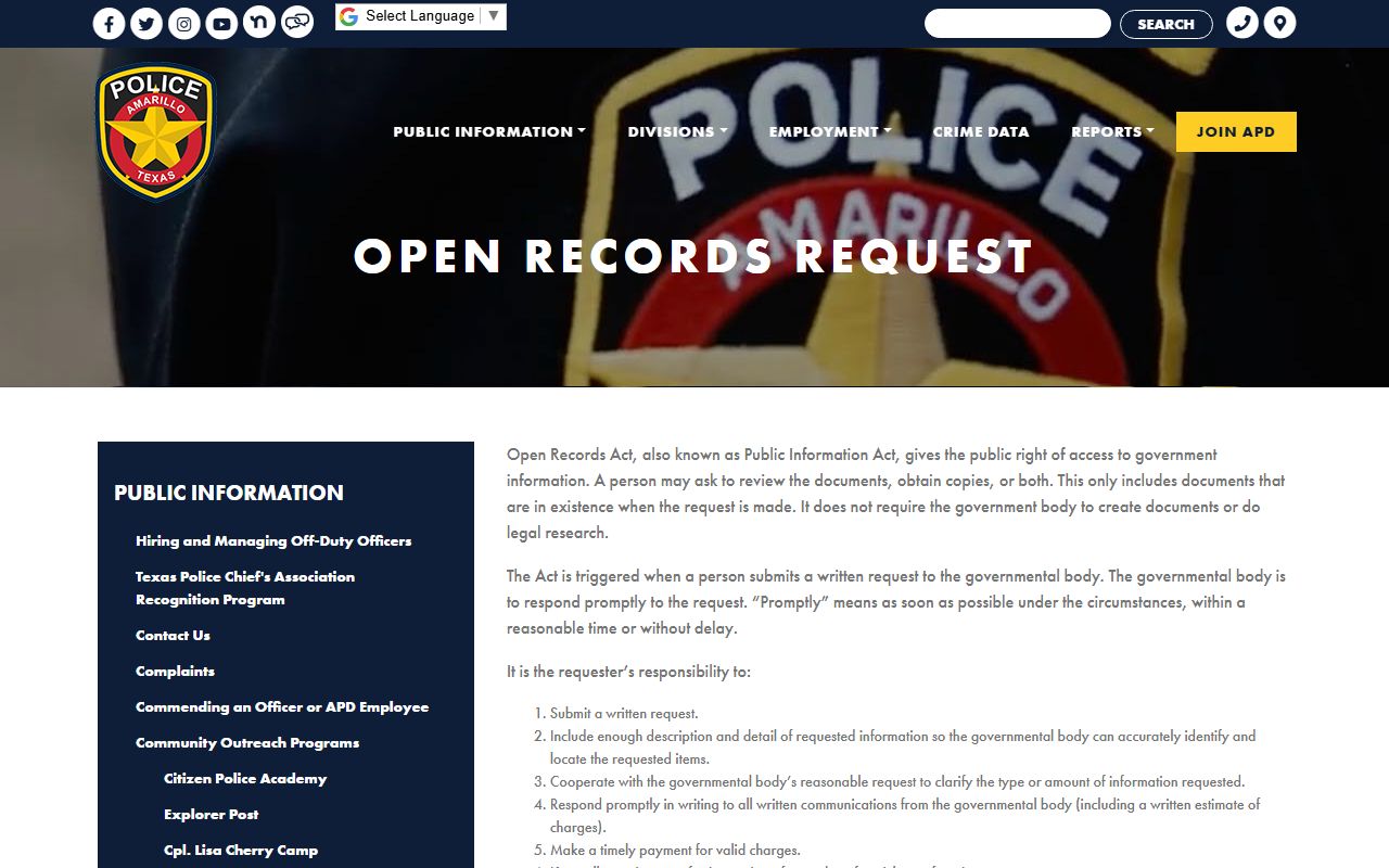 Amarillo Police open records request page for booking reports