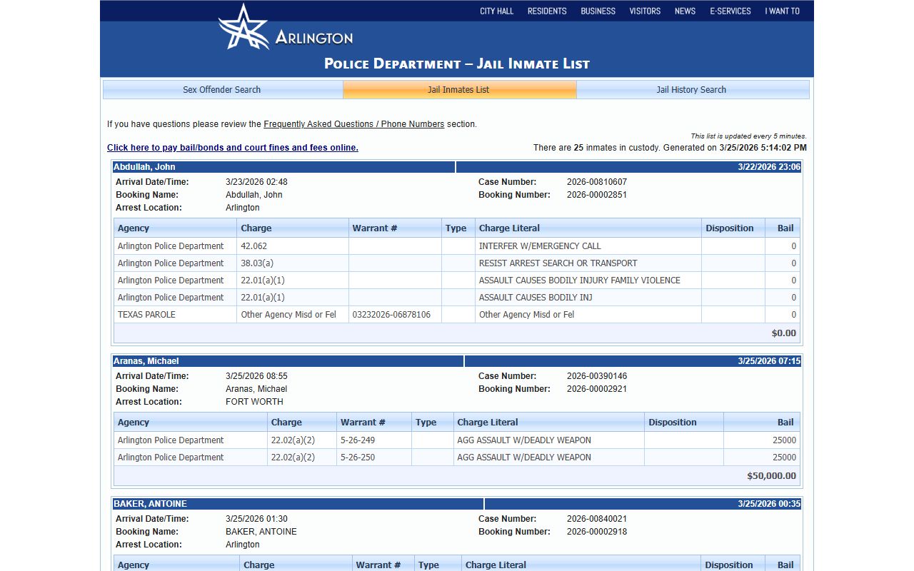Arlington jail inmate list showing current inmates and recent arrest booking details