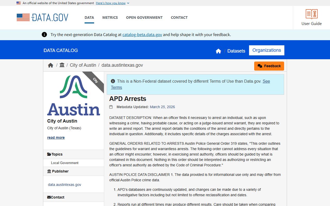 APD arrests dataset on data.gov for Austin booking report research