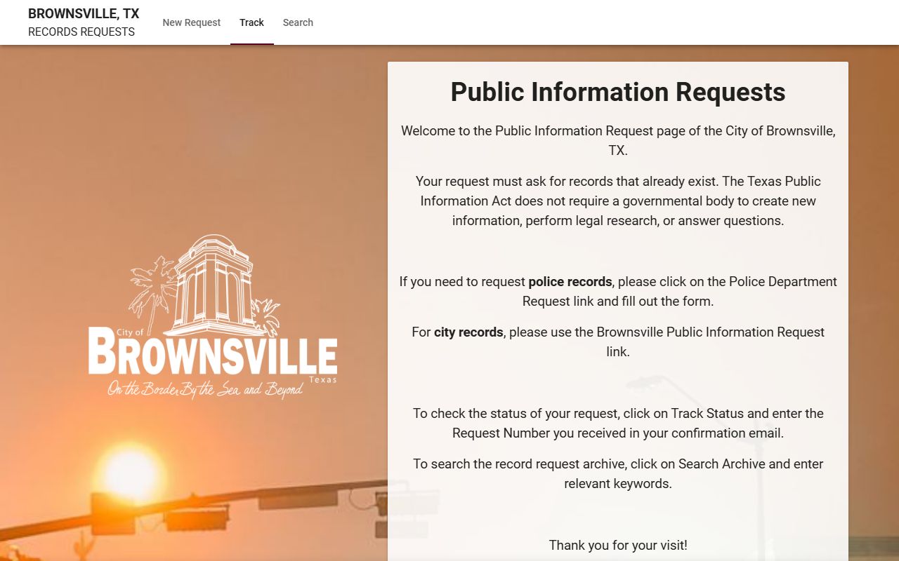 Brownsville Police Department JustFOIA records portal for booking report requests