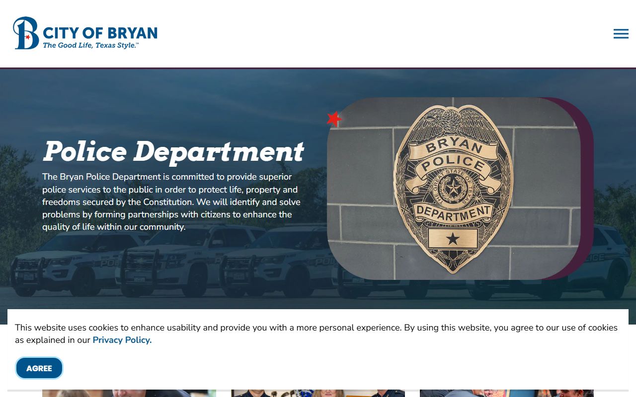 Bryan Police Department website for booking reports and public records requests in Bryan Texas