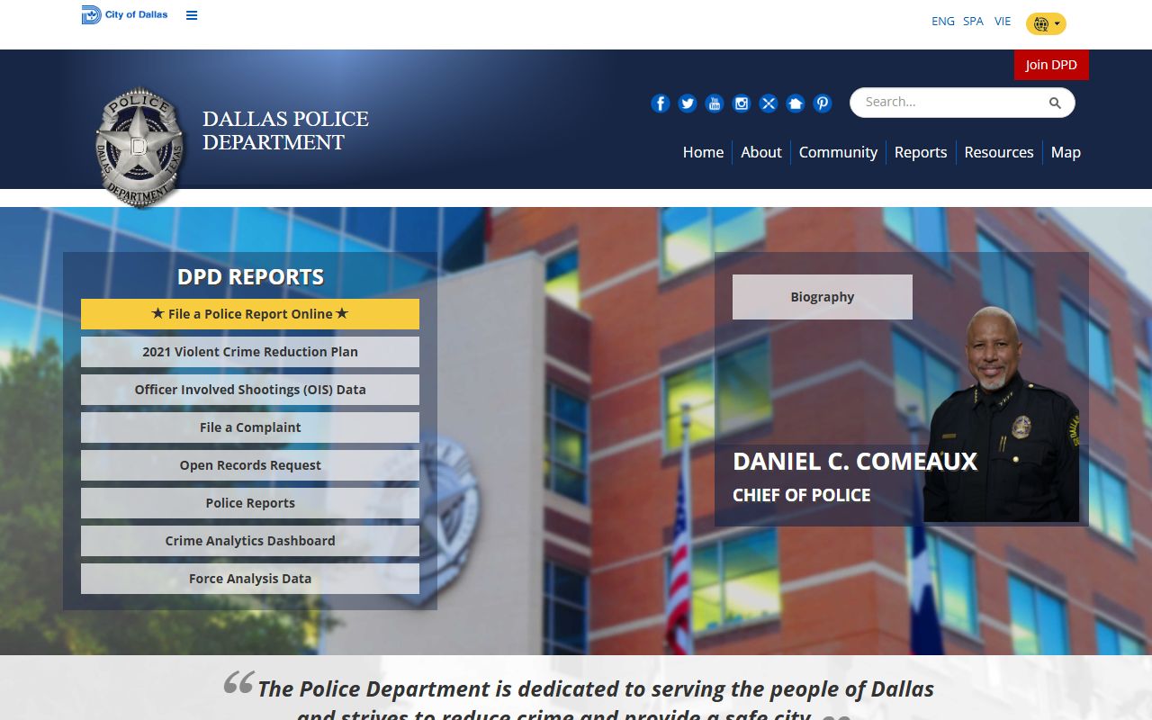 Dallas Police Department website showing booking reports and public records access