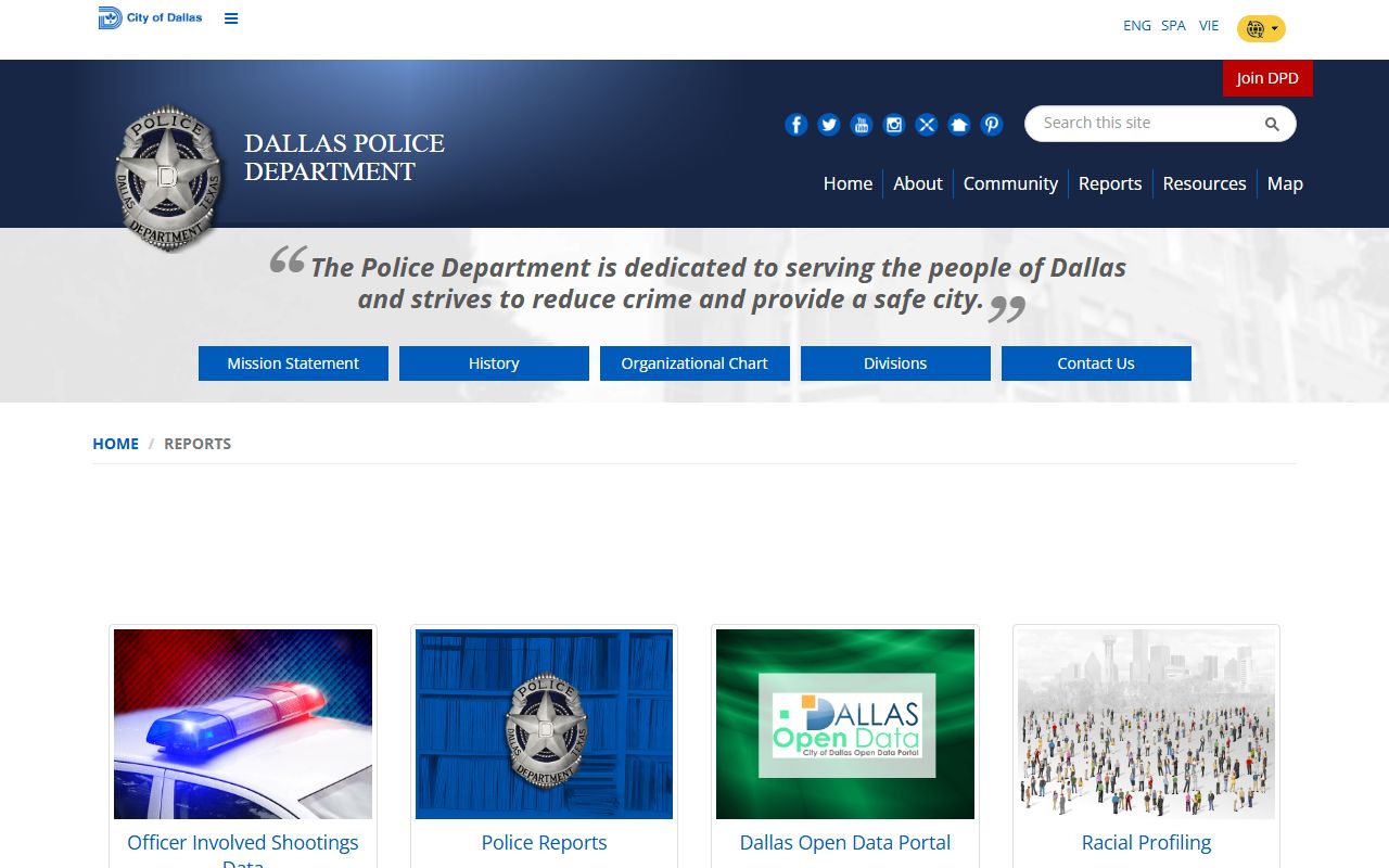 Dallas Police Department reports page for accessing booking and arrest records