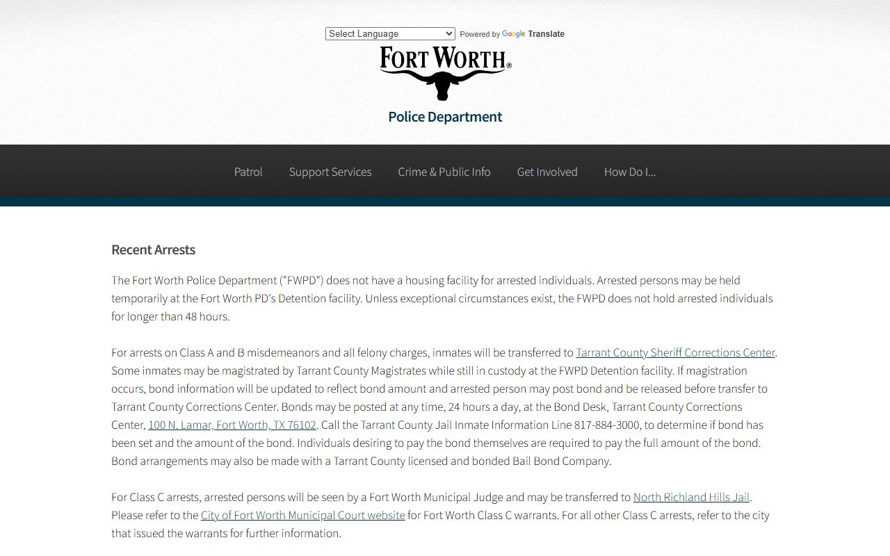 Fort Worth Police inmate list showing recent arrests and booking details