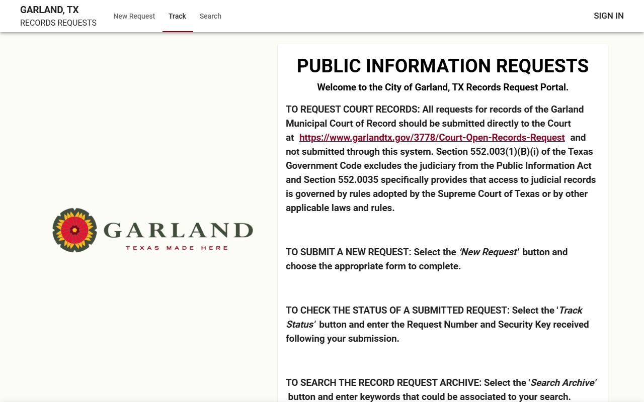 Garland Police Department JustFOIA records request portal for booking reports