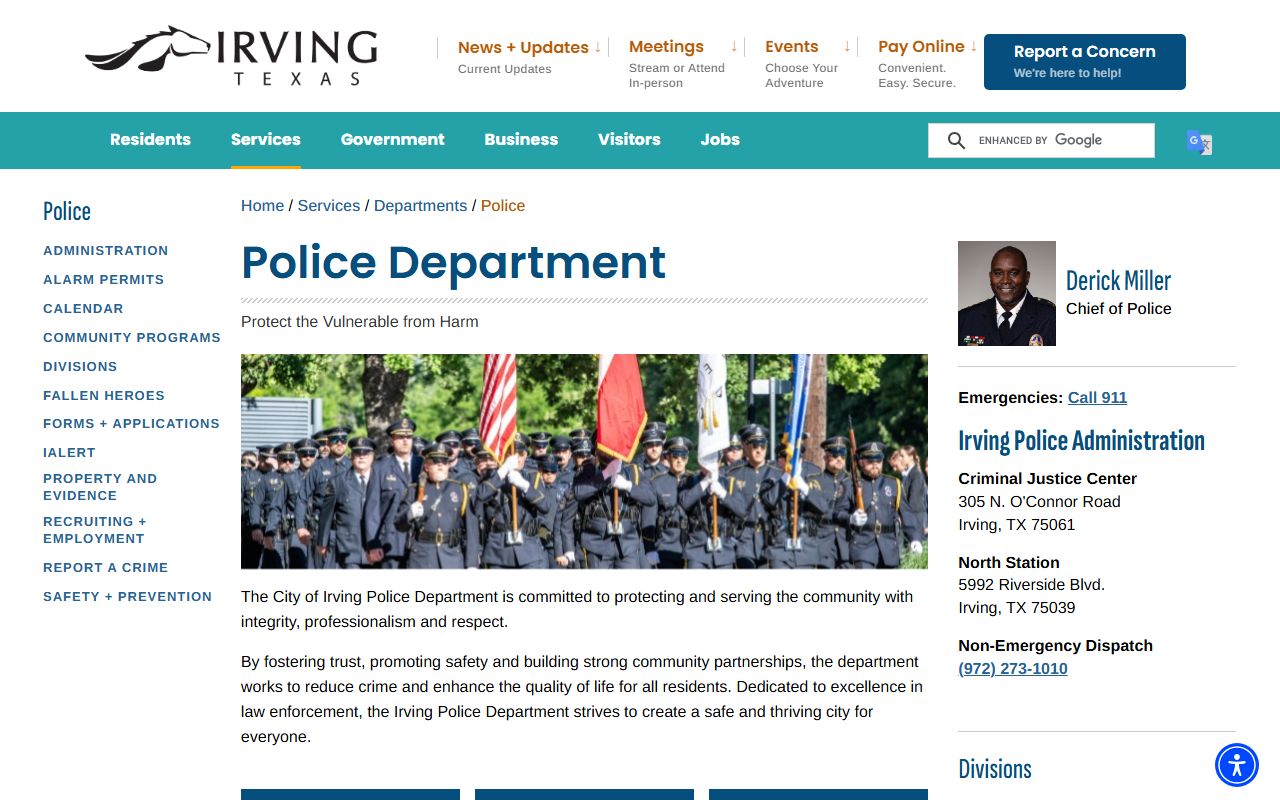Irving Police Department website for booking reports and records requests