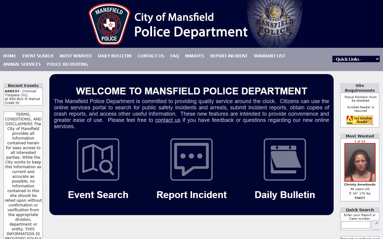 Mansfield Police-to-Citizen portal for searching Mansfield booking reports and recent arrests
