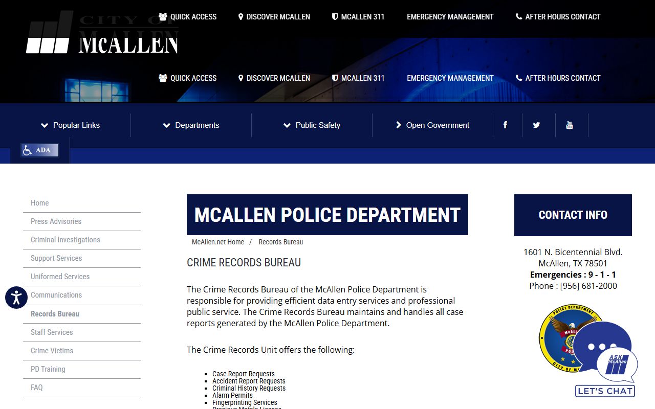 McAllen Police Records Bureau page for booking report requests