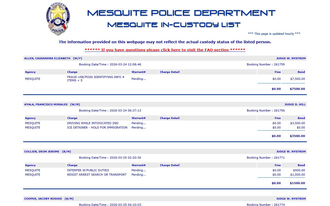 Mesquite Police Department jail list showing current bookings and arrest records