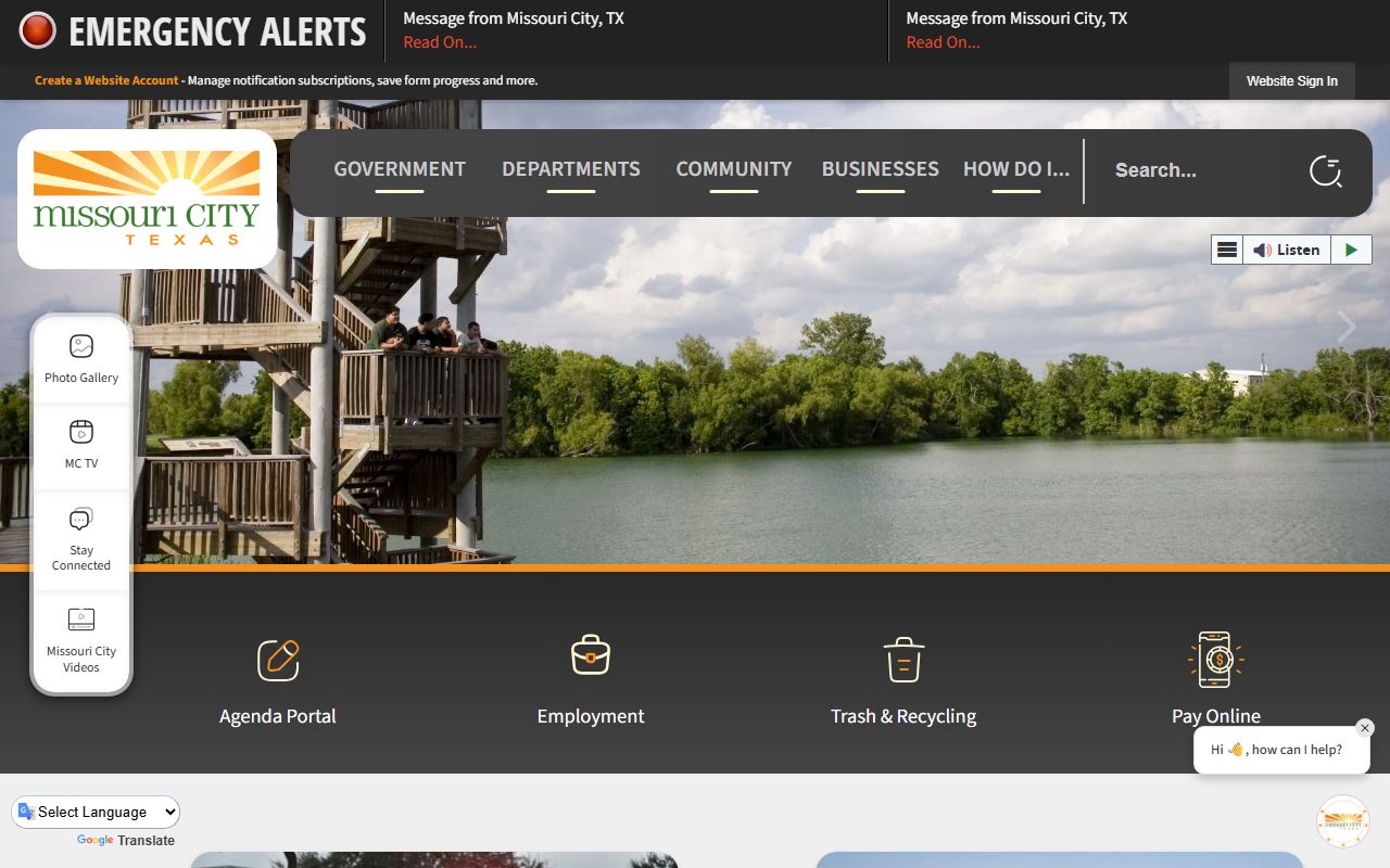 Missouri City website showing Police-to-Citizen portal for booking report access