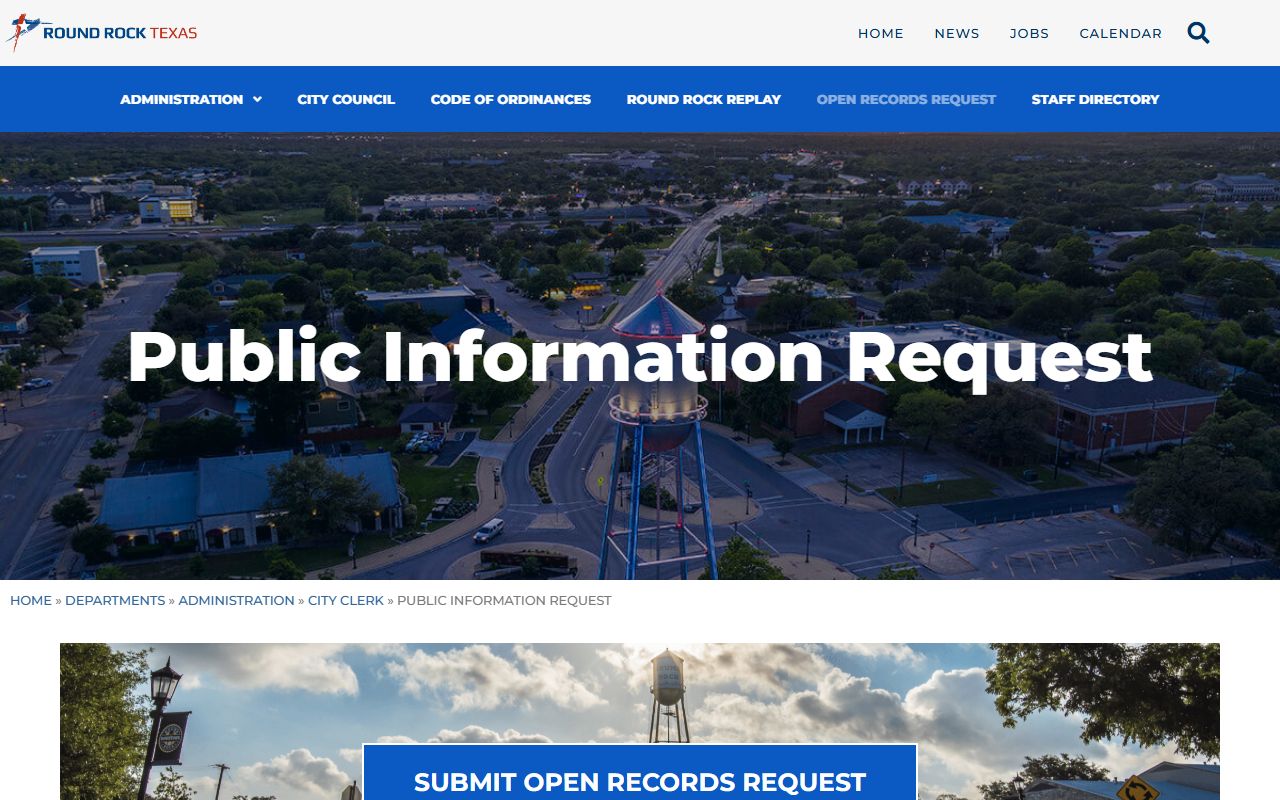 Round Rock public records request page for booking reports and arrest data