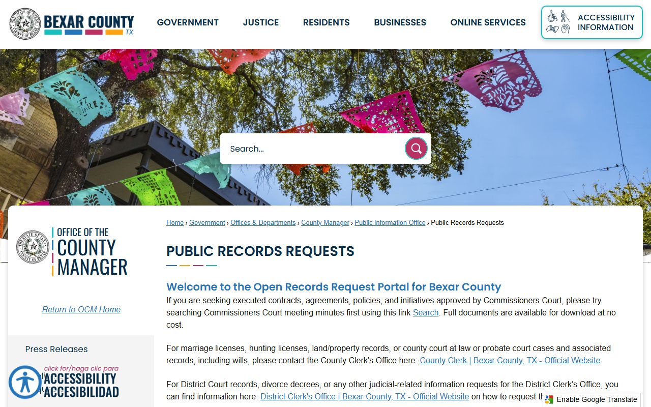 Bexar County public records request page for San Antonio booking reports