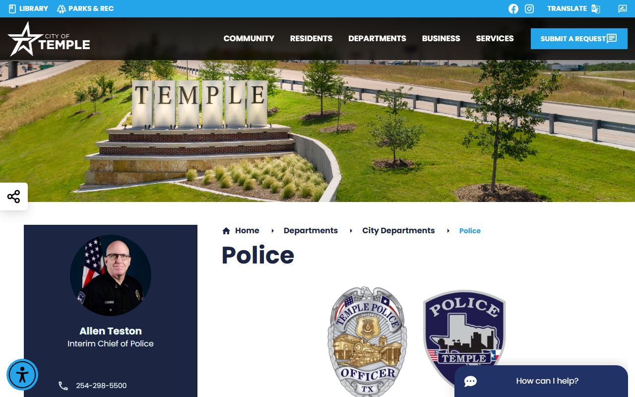 Temple Police Department website for booking reports and arrest records in Temple Texas