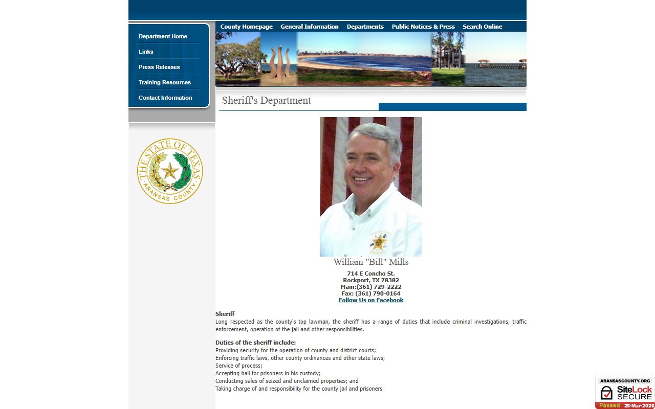 Aransas County Sheriff's Office page for booking reports