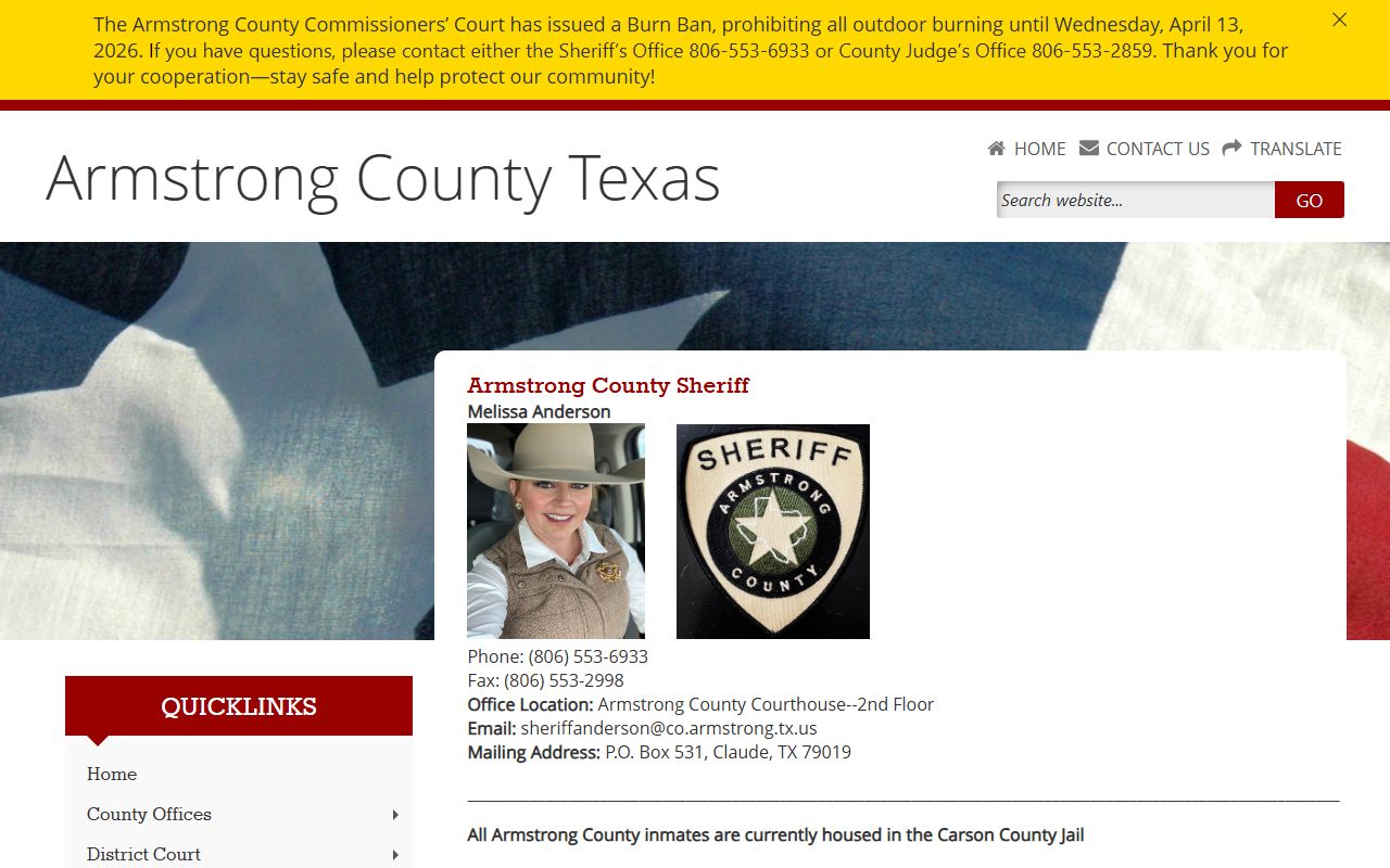 Armstrong County Sheriff's Office page for booking reports