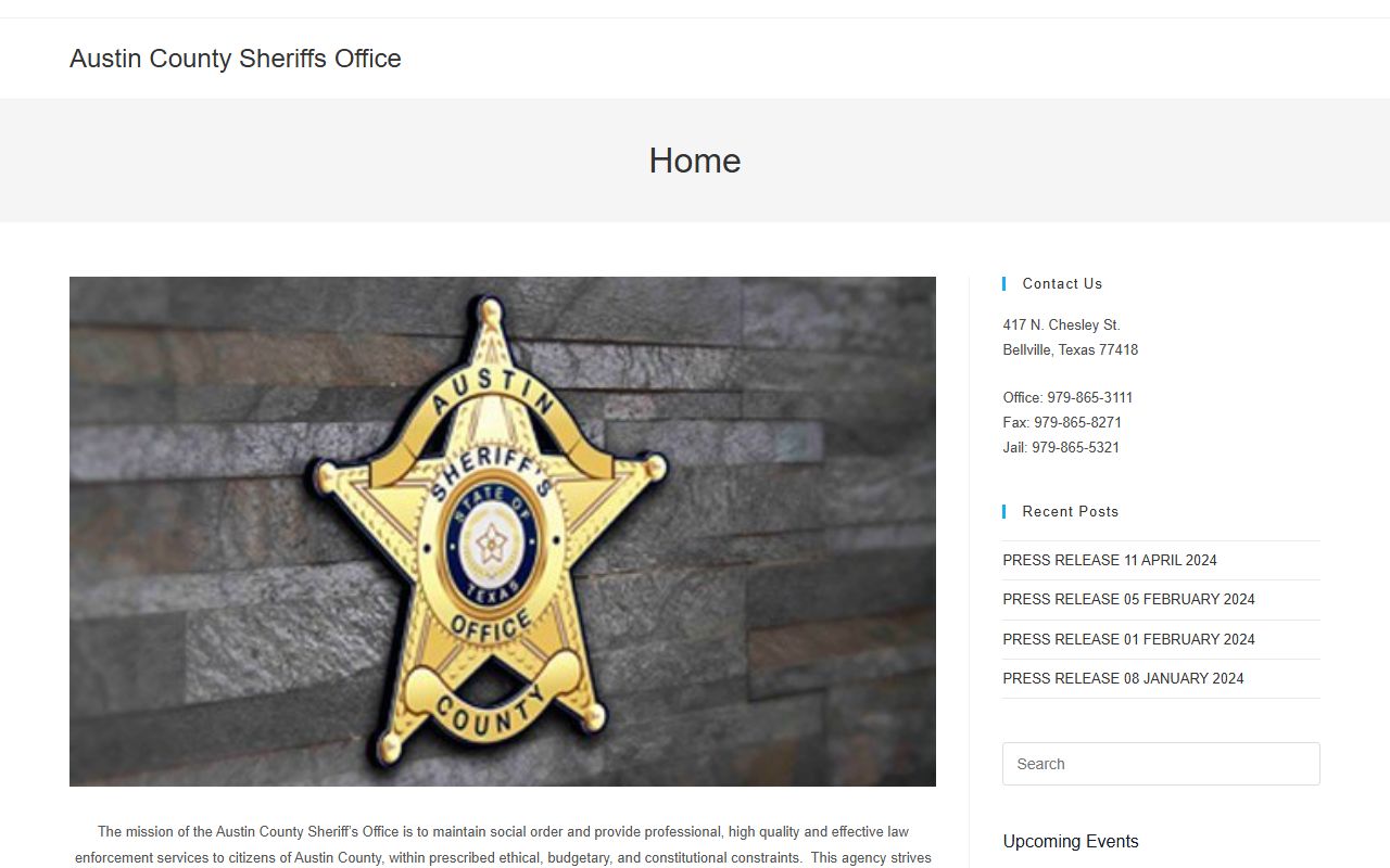 Austin County Sheriff's Office page for booking reports