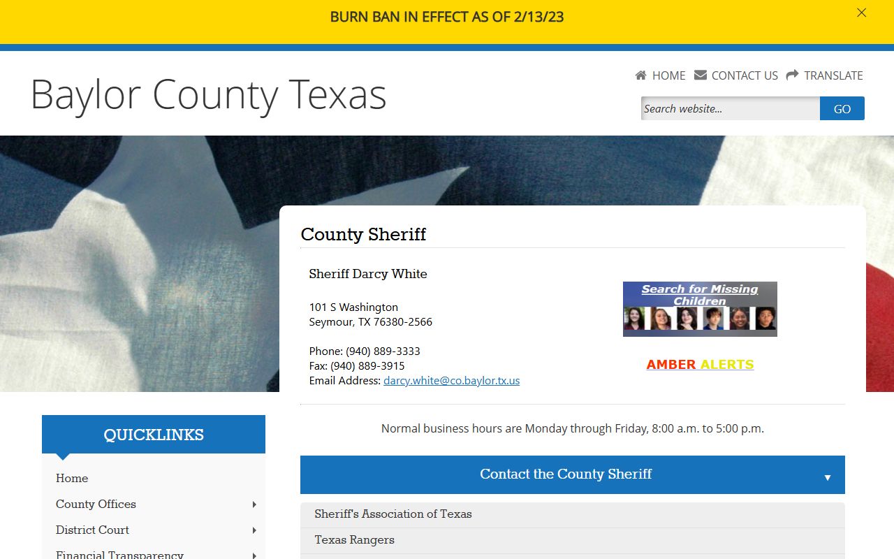 Baylor County Sheriff's Office page for booking reports