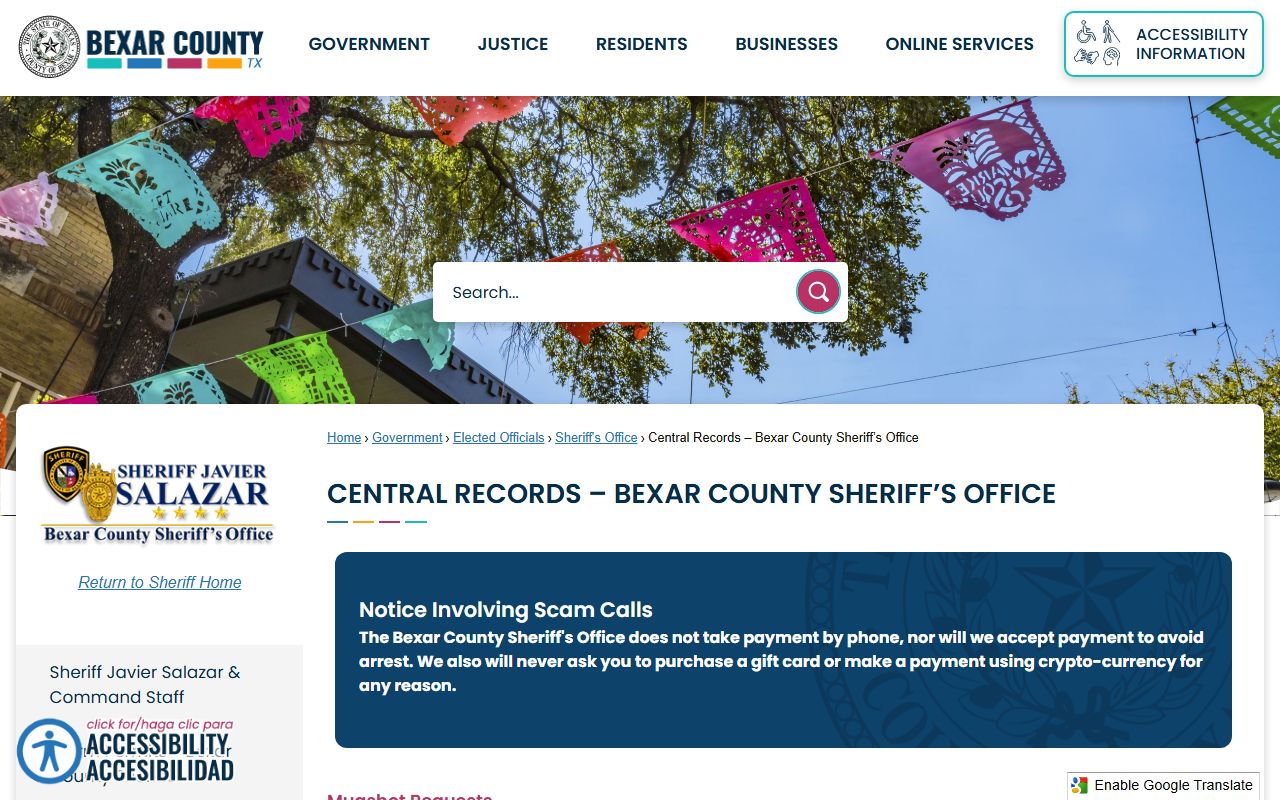 Bexar County Central Records page - arrest and booking report access