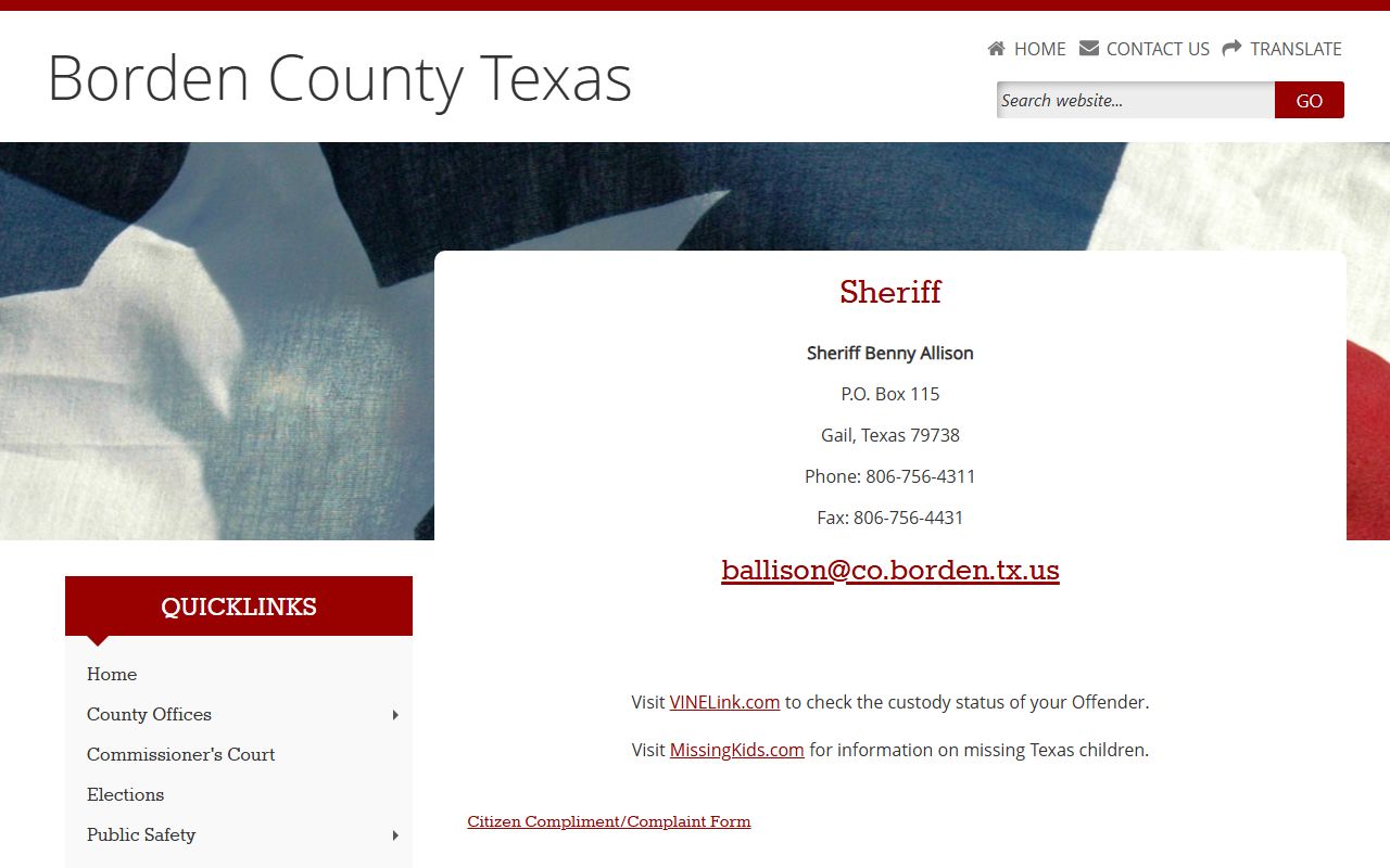 Borden County Sheriff's Office page - booking records and jail information