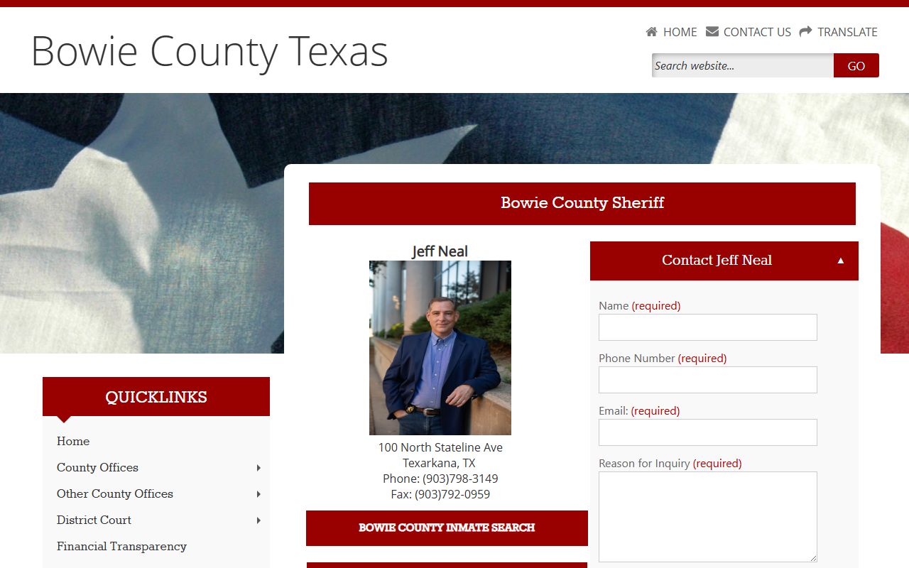 Bowie County Sheriff's Office page - booking reports and inmate information