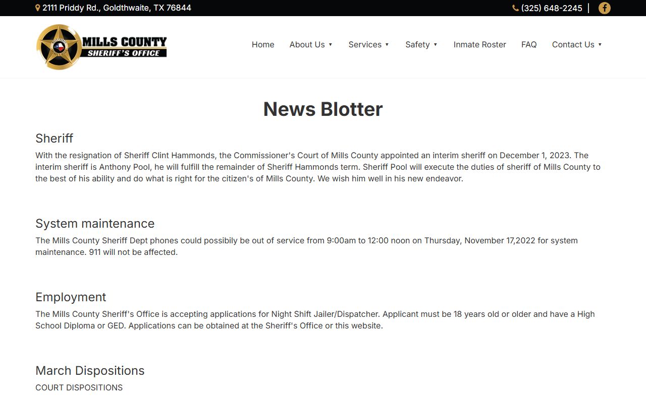 Mills County News Blotter - Mills County Booking Reports