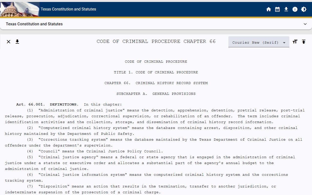 Texas Code of Criminal Procedure booking reports Chapter 66